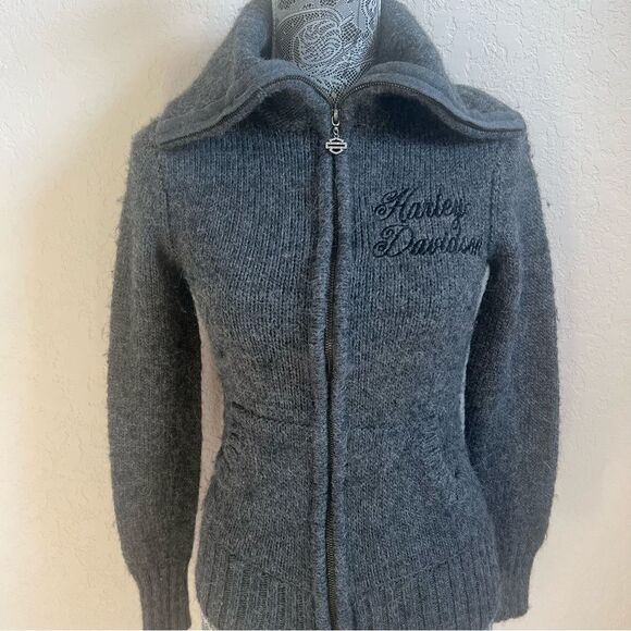Harley Davidson Wool Blend Cable Knit Gray Zip Up Jacket Women’s Size XS - Picture 1 of 8